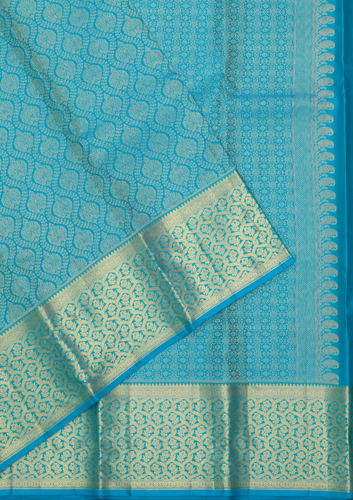 Turquoise Blue Silk Jaal Gold Zariwork Saree With Matching Blouse Piece