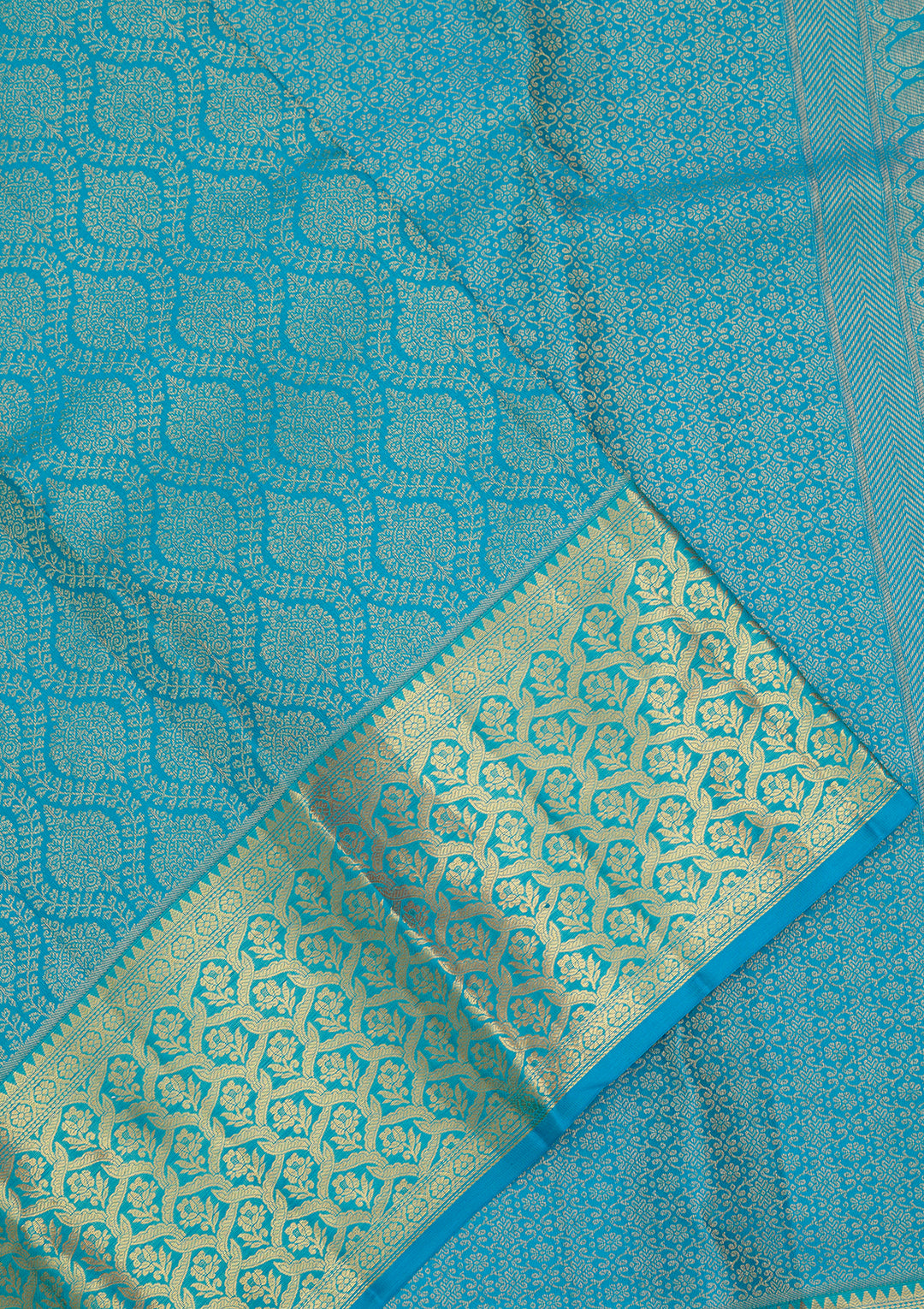 Turquoise Blue Silk Jaal Gold Zariwork Saree With Matching Blouse Piece