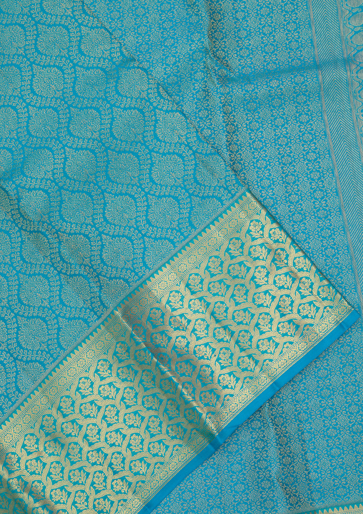 Turquoise Blue Silk Jaal Gold Zariwork Saree With Matching Blouse Piece