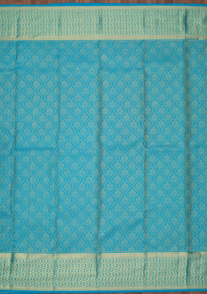 Turquoise Blue Silk Jaal Gold Zariwork Saree With Matching Blouse Piece