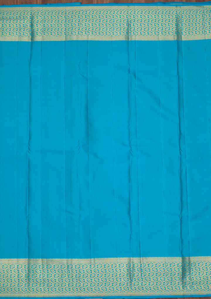 Turquoise Blue Silk Jaal Gold Zariwork Saree With Matching Blouse Piece