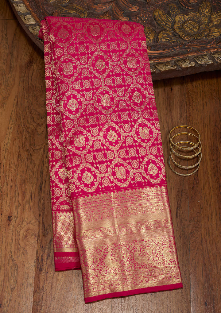 Rani Pink Silk Jaal Gold Zariwork Saree With Matching Blouse Piece