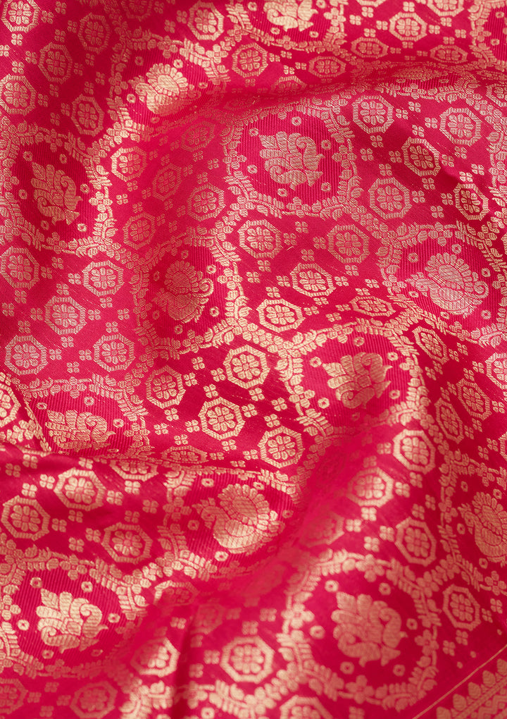 Rani Pink Silk Jaal Gold Zariwork Saree With Matching Blouse Piece