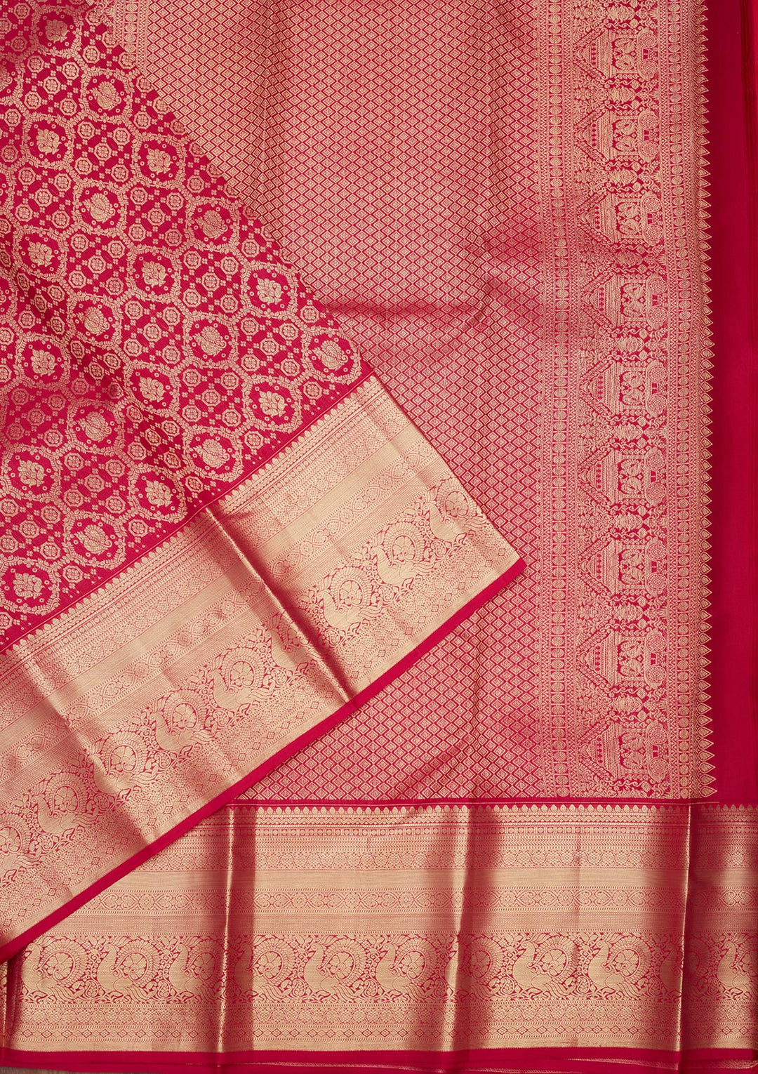 Rani Pink Silk Jaal Gold Zariwork Saree With Matching Blouse Piece