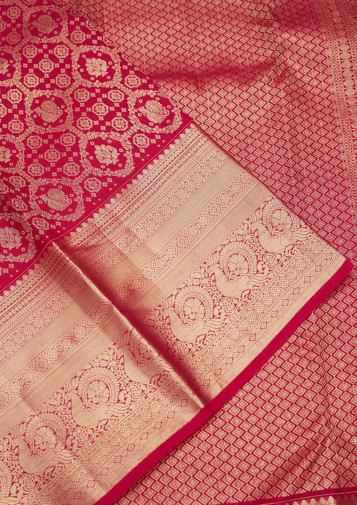 Rani Pink Silk Jaal Gold Zariwork Saree With Matching Blouse Piece