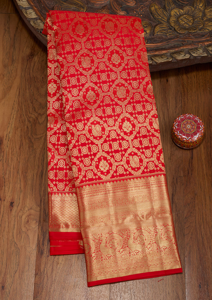 Red Silk Jaal Gold Zariwork Saree With Matching Blouse Piece