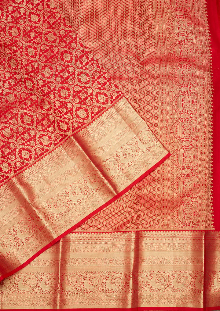 Red Silk Jaal Gold Zariwork Saree With Matching Blouse Piece
