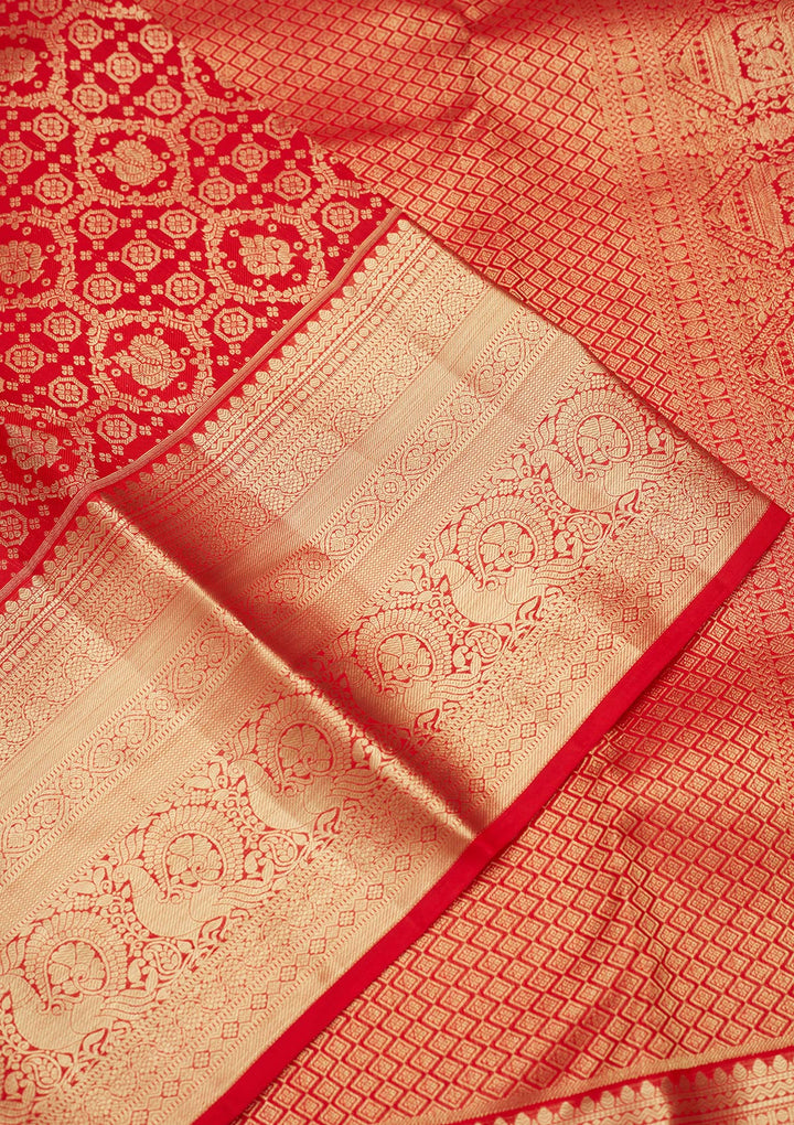 Red Silk Jaal Gold Zariwork Saree With Matching Blouse Piece