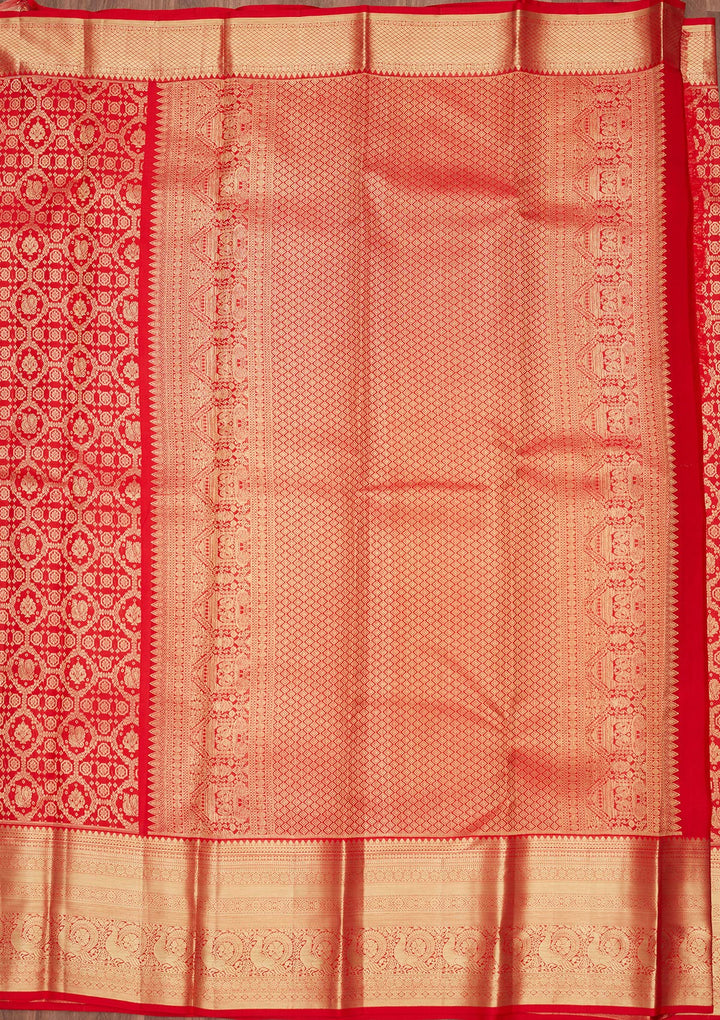 Red Silk Jaal Gold Zariwork Saree With Matching Blouse Piece