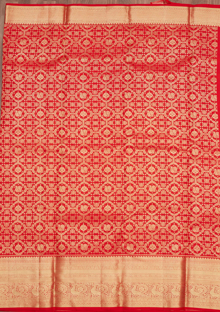 Red Silk Jaal Gold Zariwork Saree With Matching Blouse Piece