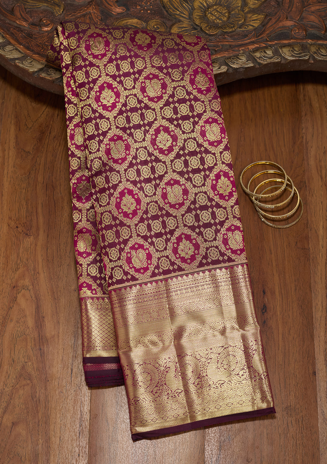 Wine Zariwork (Gold) Pure Silk Saree
