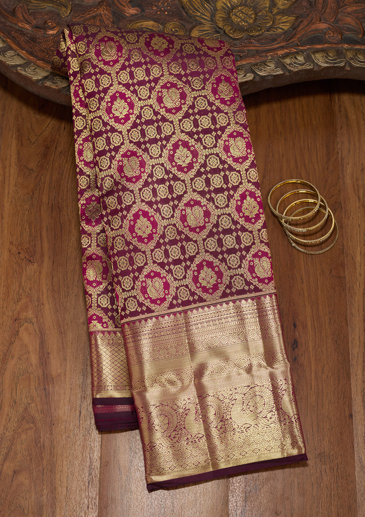 Wine Zariwork (Gold) Pure Silk Saree