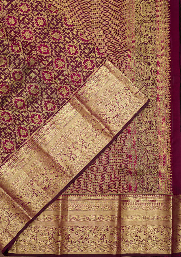 Wine Zariwork (Gold) Pure Silk Saree