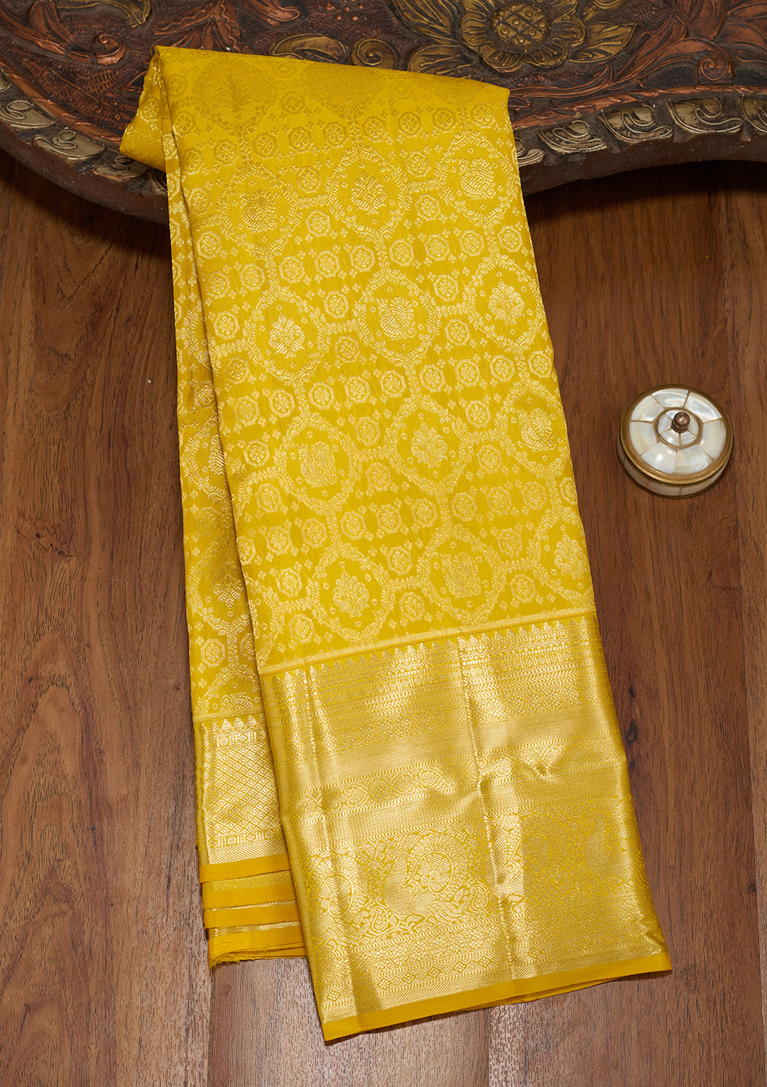 Yellow Silk Jaal Gold Zariwork Saree With Matching Blouse Piece