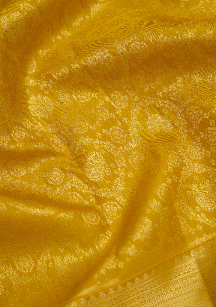 Yellow Silk Jaal Gold Zariwork Saree With Matching Blouse Piece