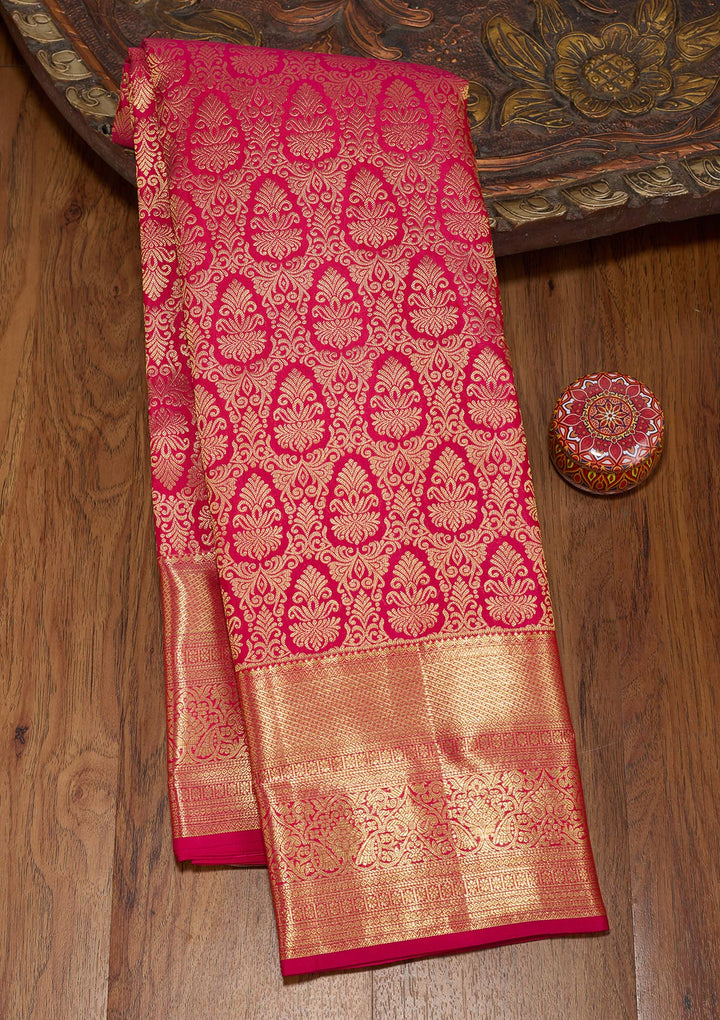 Rani Pink Silk Jaal Gold Zariwork Saree With Matching Blouse Piece