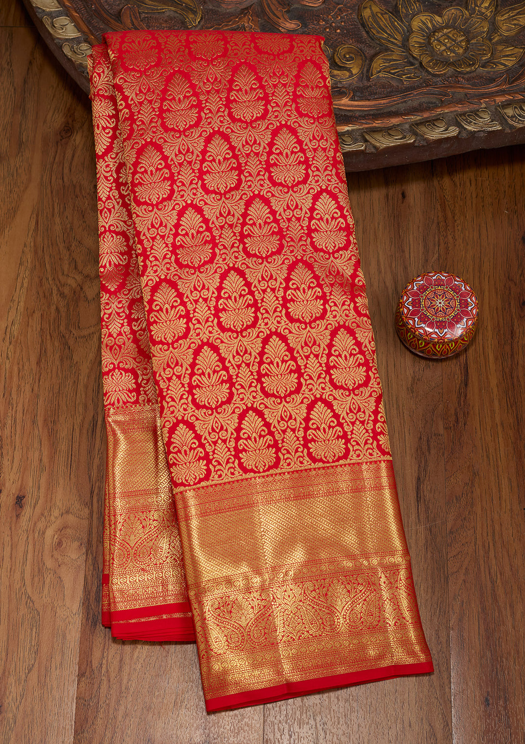 Red Silk Jaal Gold Zariwork Saree With Matching Blouse Piece
