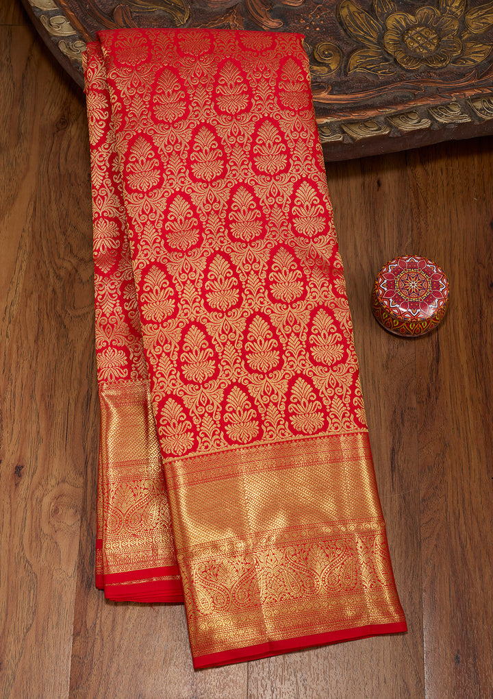 Red Silk Jaal Gold Zariwork Saree With Matching Blouse Piece