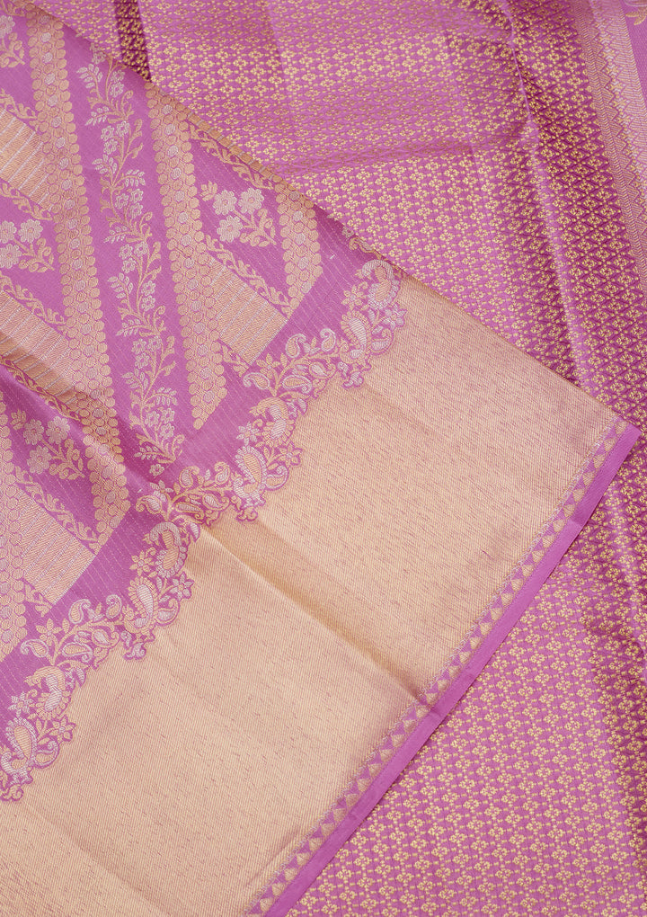 Lavender Silk Jaal Gold Zariwork Saree With Matching Blouse Piece