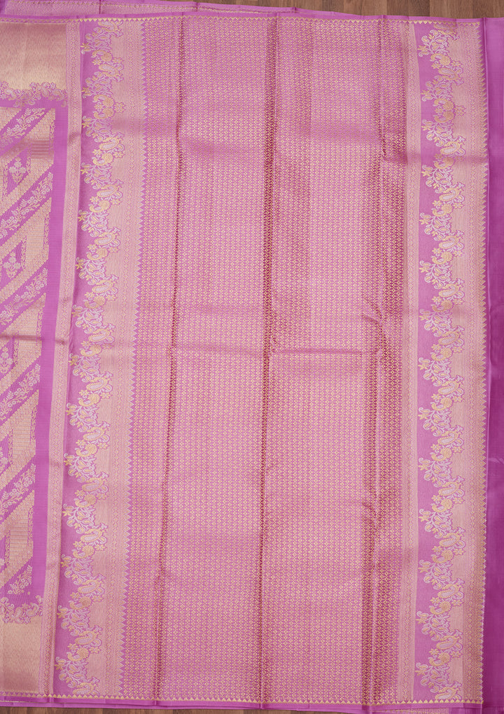 Lavender Silk Jaal Gold Zariwork Saree With Matching Blouse Piece