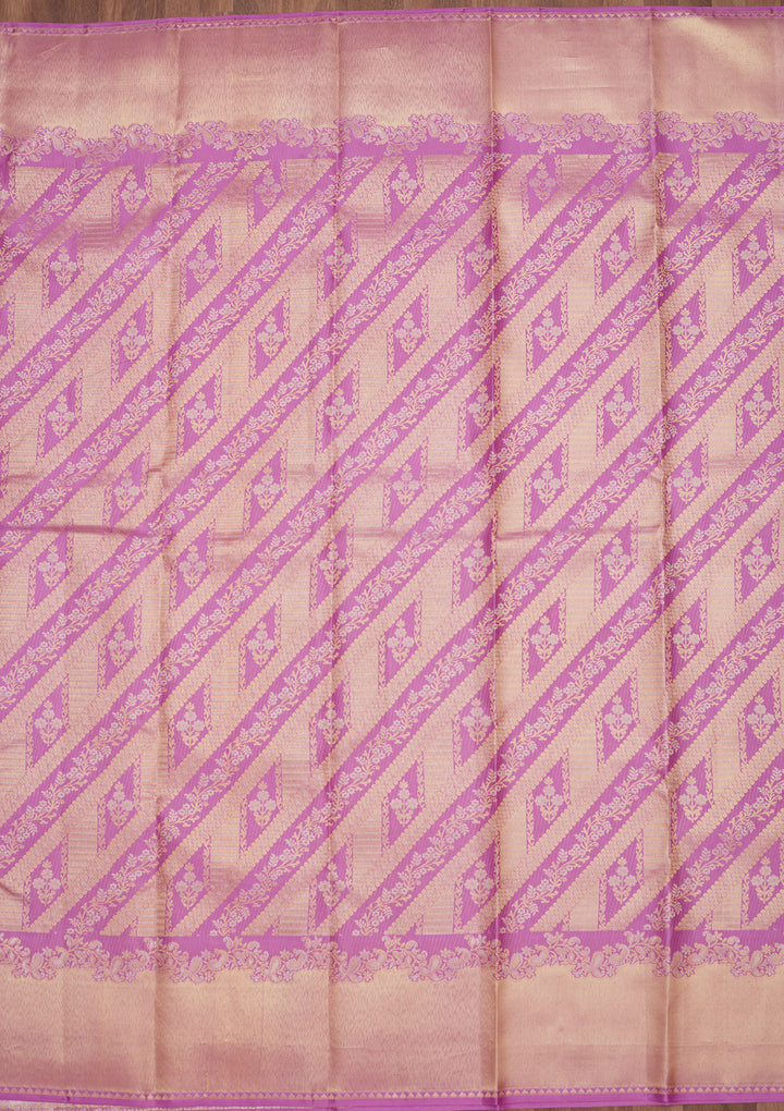 Lavender Silk Jaal Gold Zariwork Saree With Matching Blouse Piece