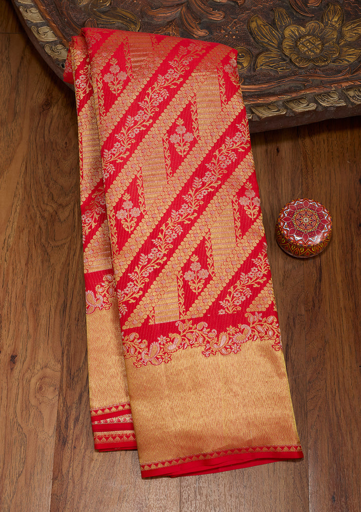 Red Silk Jaal Gold Zariwork Saree With Matching Blouse Piece