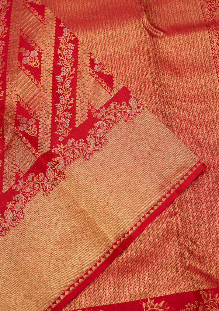Red Silk Jaal Gold Zariwork Saree With Matching Blouse Piece