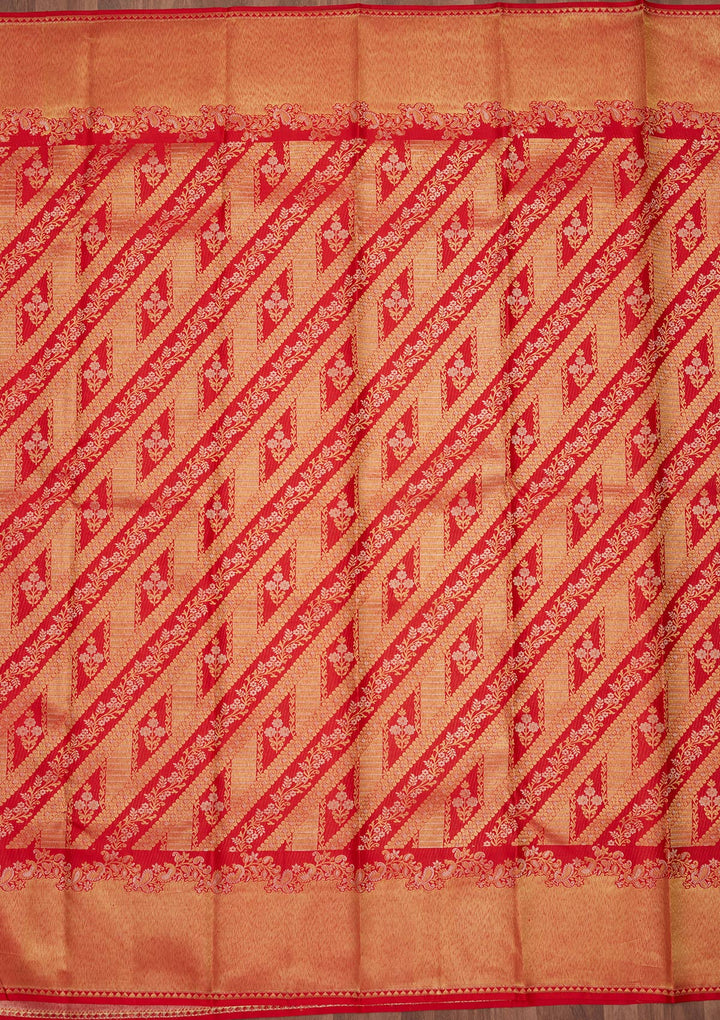 Red Silk Jaal Gold Zariwork Saree With Matching Blouse Piece