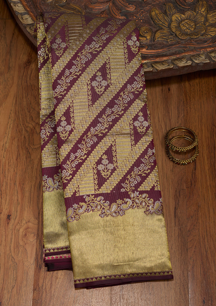 Wine Silk Jaal Gold Zariwork Saree With Matching Blouse Piece