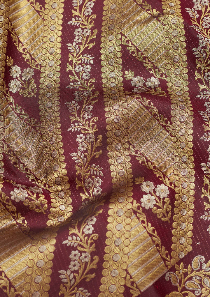 Wine Silk Jaal Gold Zariwork Saree With Matching Blouse Piece
