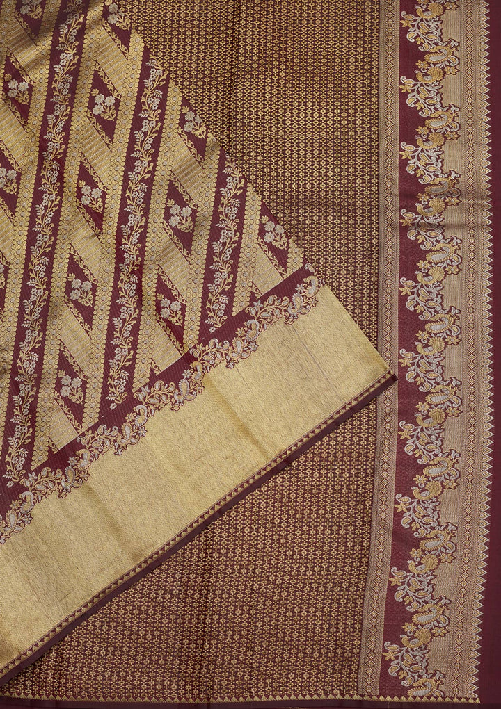 Wine Silk Jaal Gold Zariwork Saree With Matching Blouse Piece