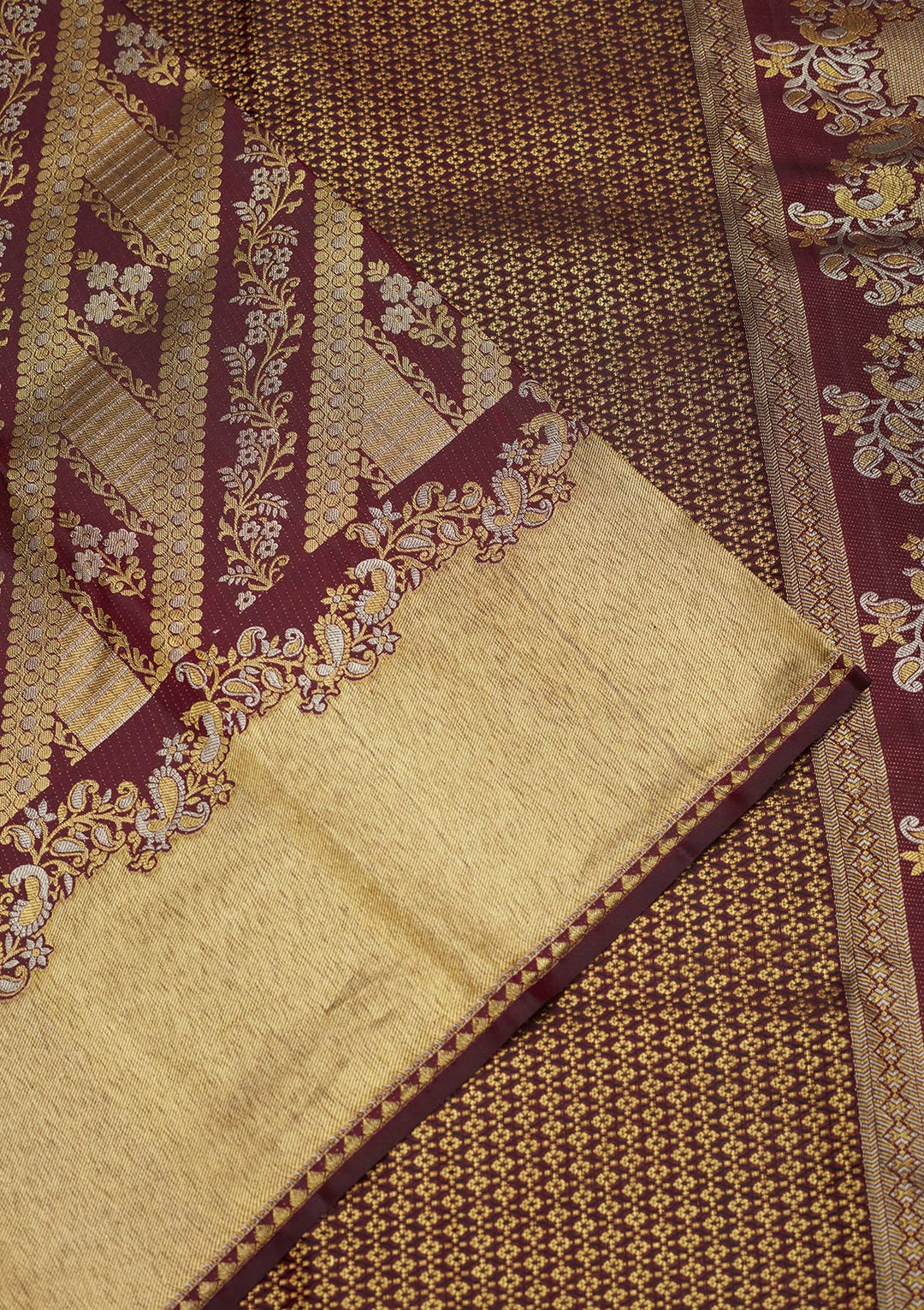 Wine Silk Jaal Gold Zariwork Saree With Matching Blouse Piece