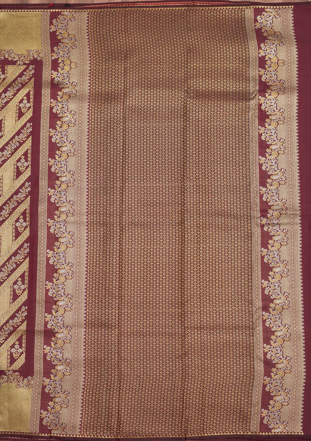 Wine Silk Jaal Gold Zariwork Saree With Matching Blouse Piece