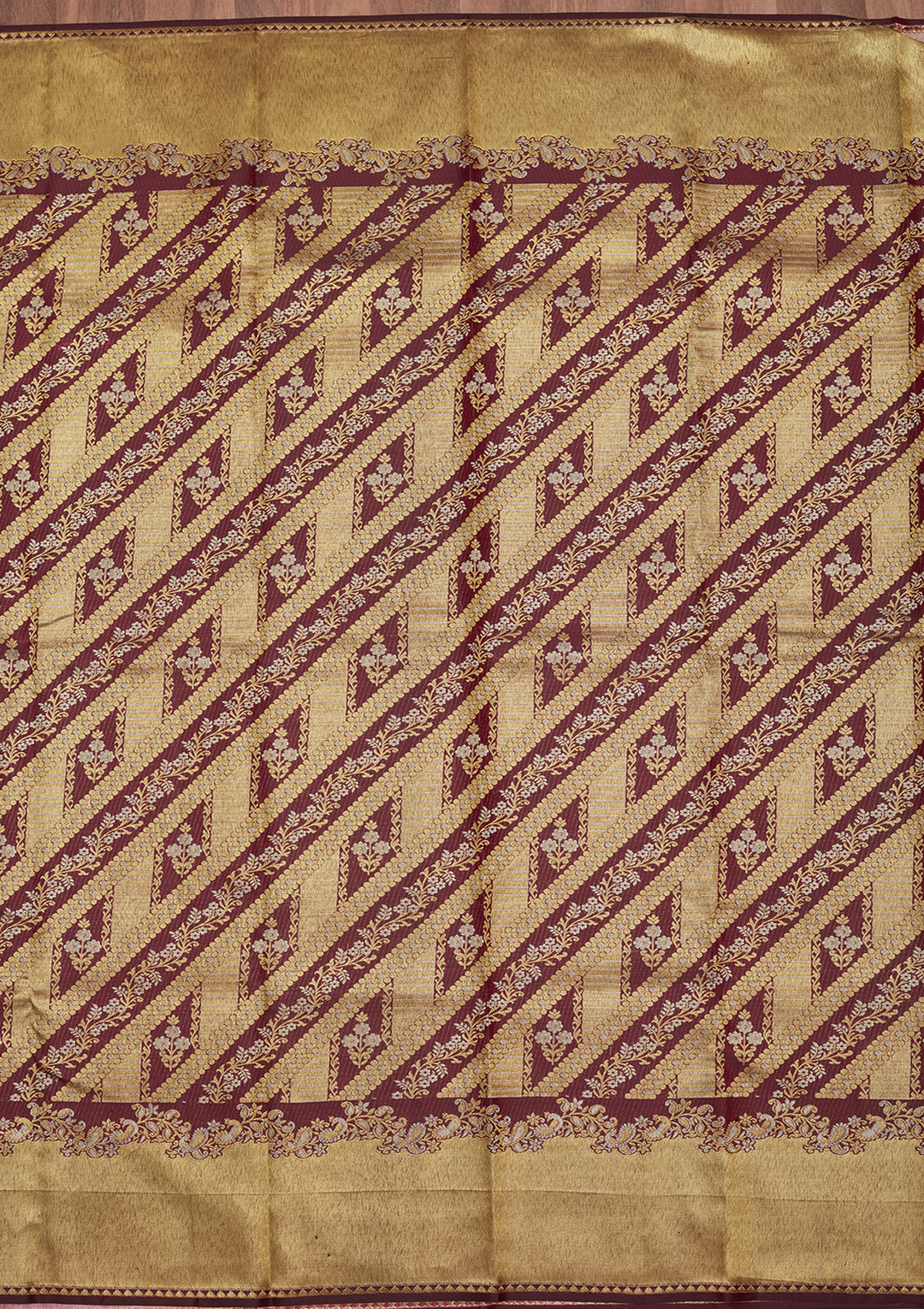 Wine Silk Jaal Gold Zariwork Saree With Matching Blouse Piece