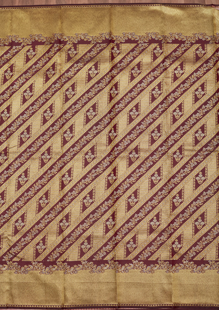Wine Silk Jaal Gold Zariwork Saree With Matching Blouse Piece