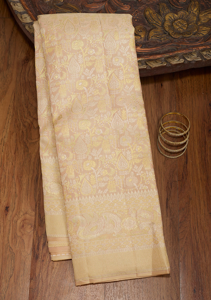 Beige Silk Jaal Gold Zariwork Saree With Matching Blouse Piece