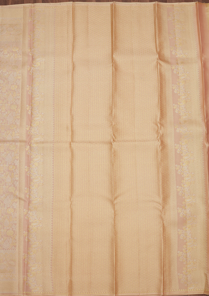 Beige Silk Jaal Gold Zariwork Saree With Matching Blouse Piece
