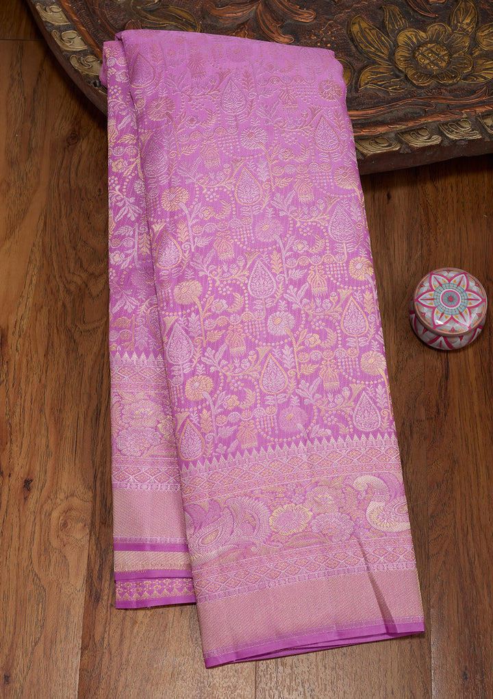 Lavender Silk Jaal Gold Zariwork Saree With Matching Blouse Piece