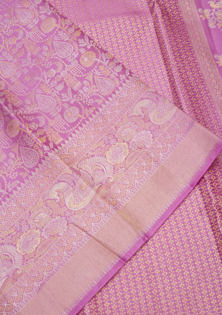 Lavender Silk Jaal Gold Zariwork Saree With Matching Blouse Piece