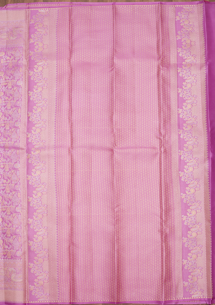 Lavender Silk Jaal Gold Zariwork Saree With Matching Blouse Piece