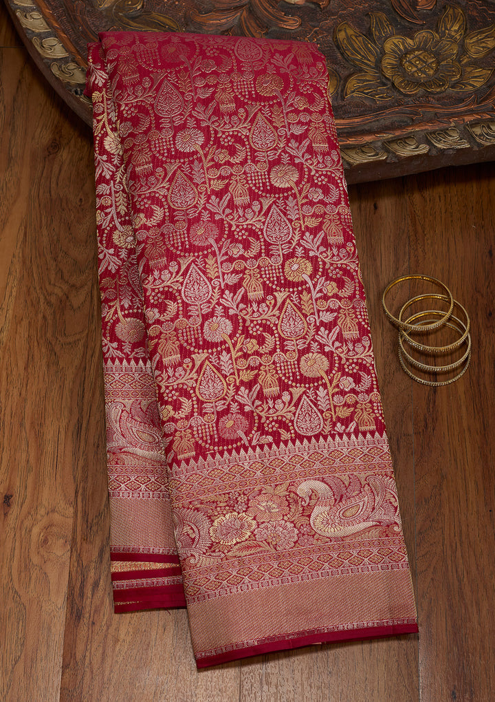 Maroon Silk Jaal Gold Zariwork Saree With Matching Blouse Piece