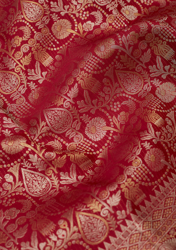 Maroon Silk Jaal Gold Zariwork Saree With Matching Blouse Piece