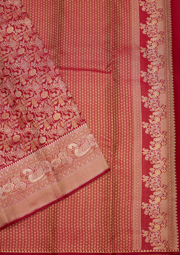 Maroon Silk Jaal Gold Zariwork Saree With Matching Blouse Piece