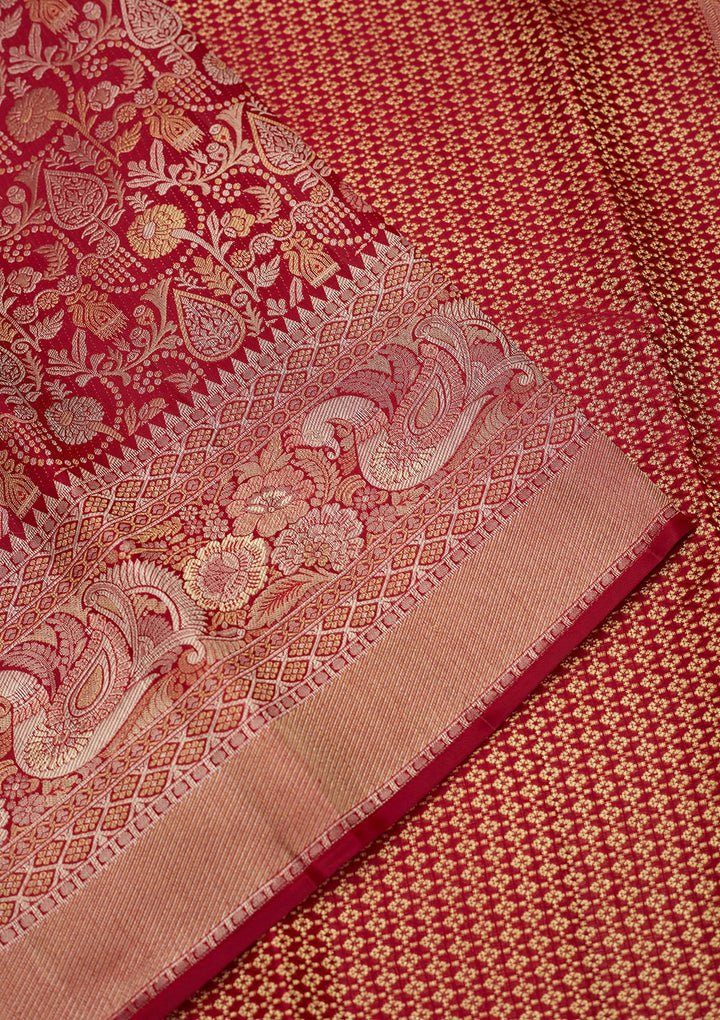 Maroon Silk Jaal Gold Zariwork Saree With Matching Blouse Piece