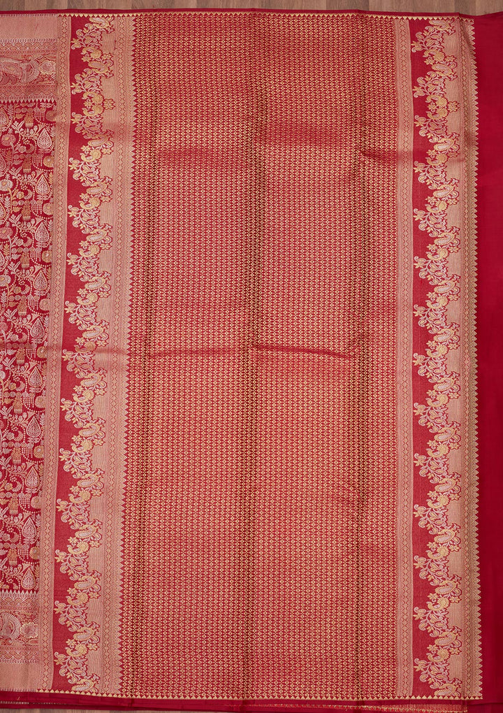 Maroon Silk Jaal Gold Zariwork Saree With Matching Blouse Piece