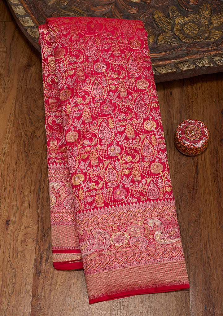 Rani Pink Silk Jaal Gold Zariwork Saree With Matching Blouse Piece