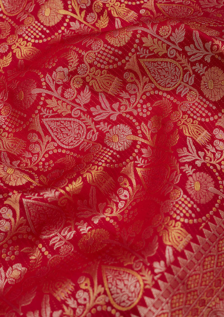 Rani Pink Silk Jaal Gold Zariwork Saree With Matching Blouse Piece