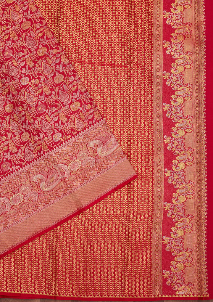 Rani Pink Silk Jaal Gold Zariwork Saree With Matching Blouse Piece