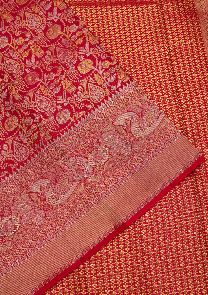 Rani Pink Silk Jaal Gold Zariwork Saree With Matching Blouse Piece
