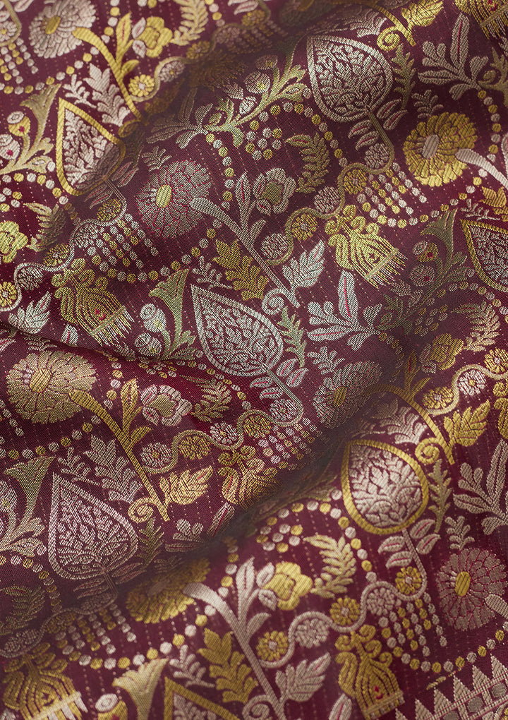 Wine Silk Jaal Gold Zariwork Saree With Matching Blouse Piece